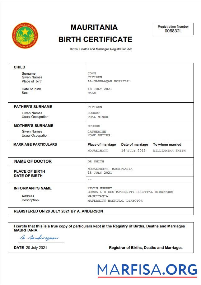 Printable Mauritania birth certificate Word and PDF template